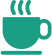 A green icon of a steaming cup of hot beverage, such as coffee or tea, on a saucer, viewed from the side.